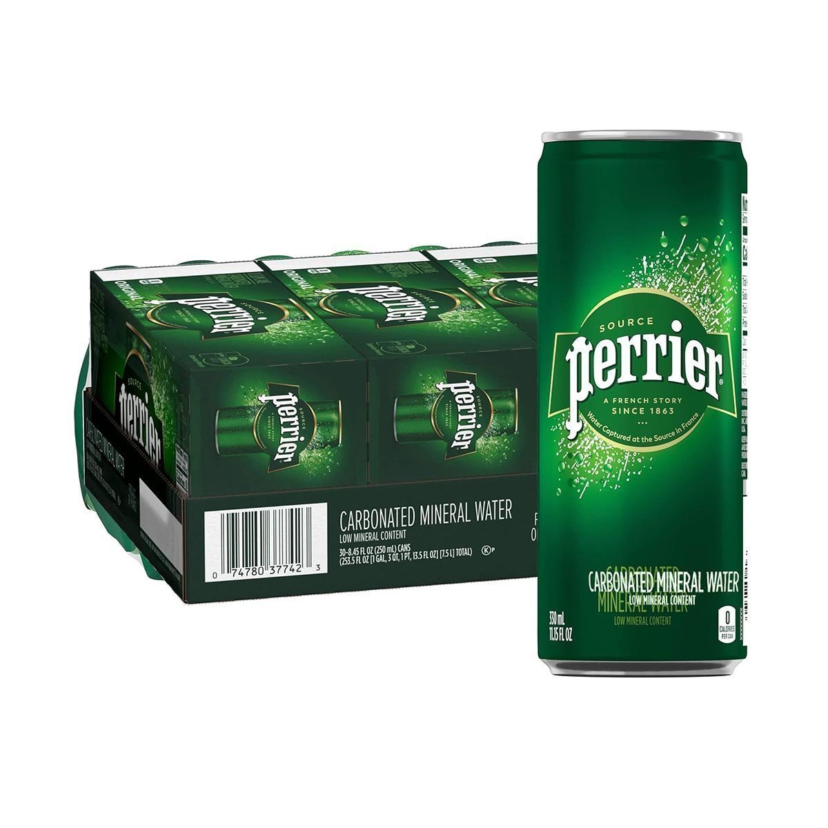PERRIER Sparkling Mineral Water, 8.45 fl oz. Slim Cans (Pack of 30)