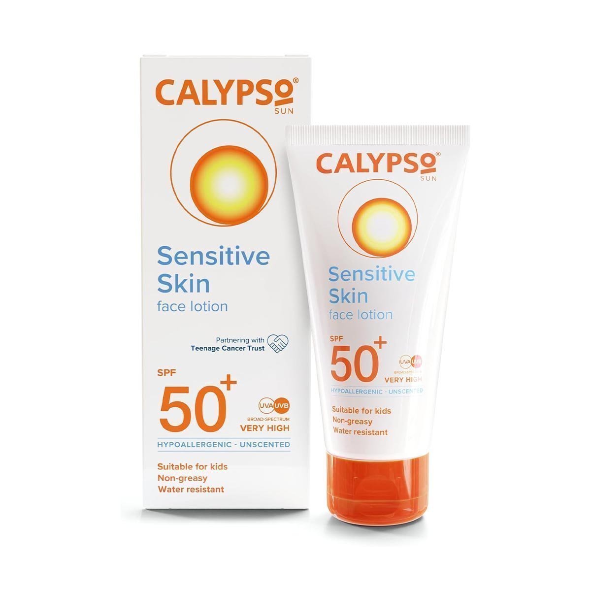 Calypso Sensitive Skin Face Sun Lotion | SPF 50+, Very High Protection, Hypoallergenic Sunscreen, Suitable for Kids, Water Resistant, 50ml