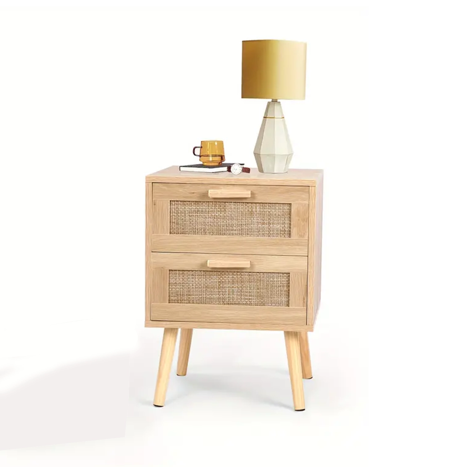 Rattan Nightstand Set, Wooden End Table With 2 Drawers, Solid Wood Legs