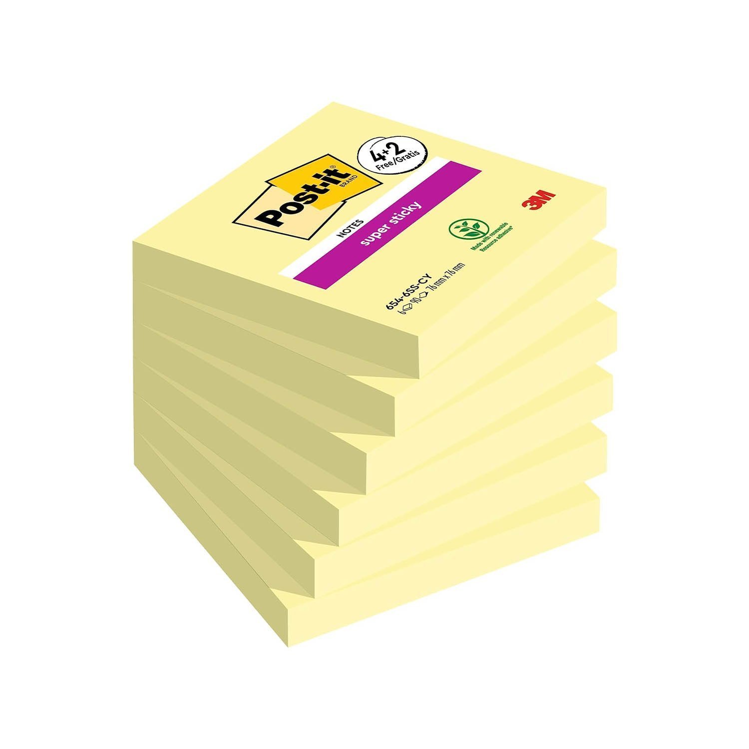 Post-it Super Sticky Notes, Double the Sticking Power, 4 + 2 FREE Pads, 540 Sheets, 76 mm x 76 mm