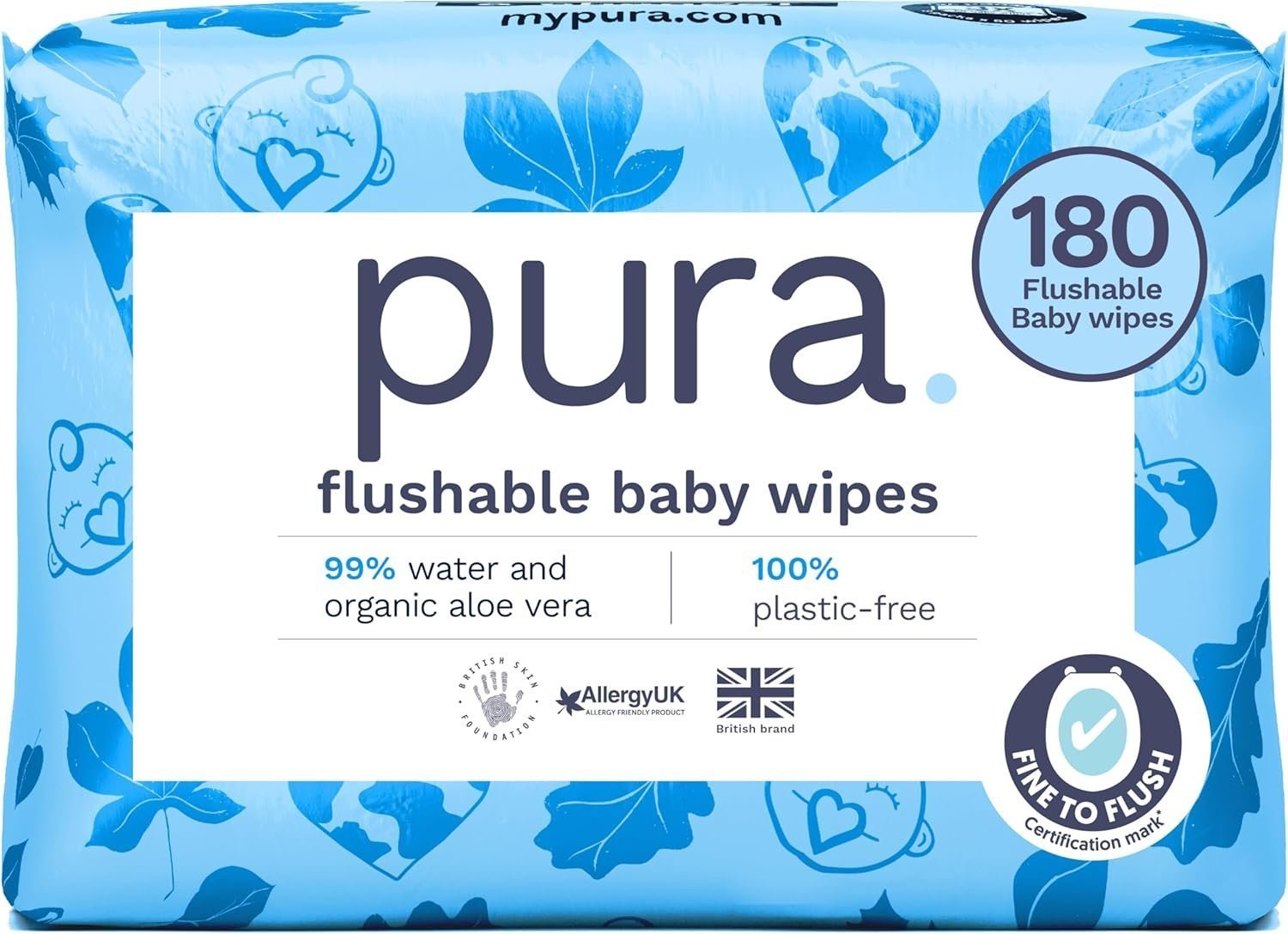 Pura Flushable Baby Water Wipes 3 x 60 per pack, (180 Wet Wipes) 100% Plastic Free, 99% Water